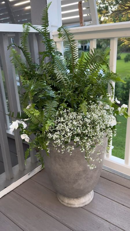 This pottery barn and Ballard look for less from Walmart is so beautiful! $20 light weight pot with drainage. I added ferns, trailing vinca, and diamond frost! 

coastal home outdoor porch patio planter summer pot 



#LTKSeasonal #LTKOver40 #LTKHome