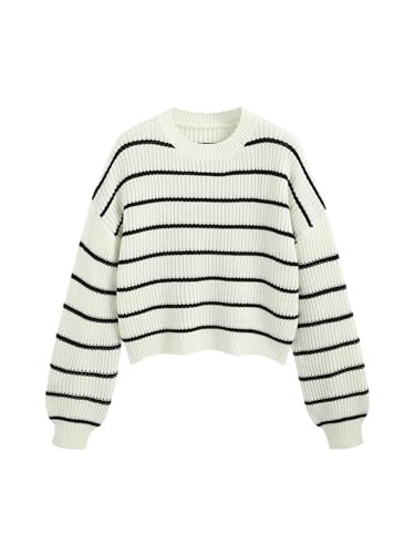 CIDER Women’s Cropped Striped Sweater Long Sleeve Crew Neck Trendy Pullover Tops: White, M | Amazon (US)