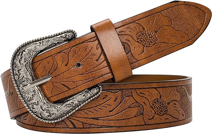 Women's Vintage Brown Leather Belt with Turquoise Pin Buckle for Pants, Jeans & Dresses (35"-39") | Amazon (US)