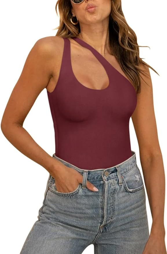 REORIA Women’s Sexy One Shoulder Cutout Front Backless Sleeveless Tank Top Bodysuits | Amazon (US)