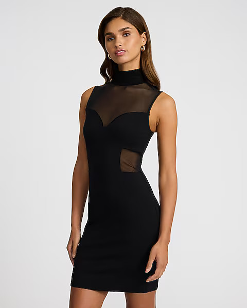 Mesh Mock Neck Sleeveless Mini Sheath Dress | Express