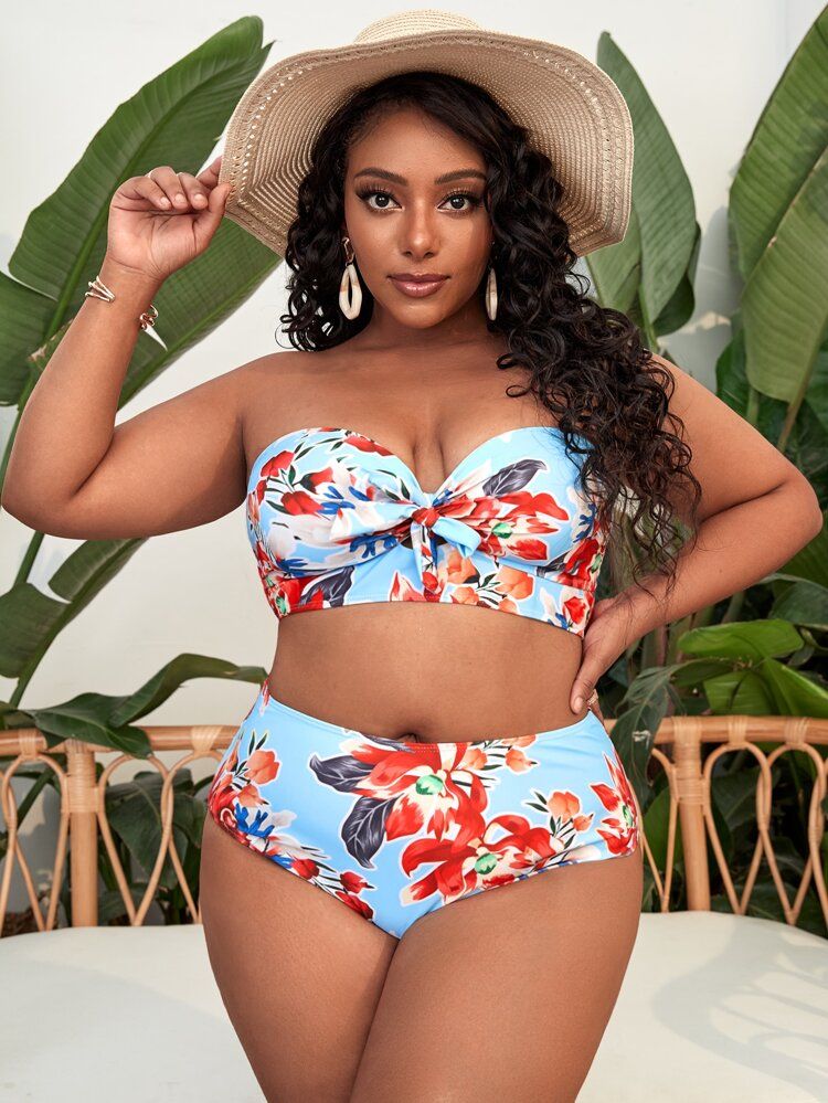 Plus Floral Print Knot Front Bandeau Bikini Swimsuit | SHEIN