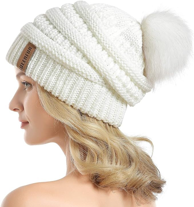 QUEENFUR Women Knit Slouchy Beanie Chunky Baggy Hat with Faux Fur Pompom Winter Soft Warm Ski Cap | Amazon (US)