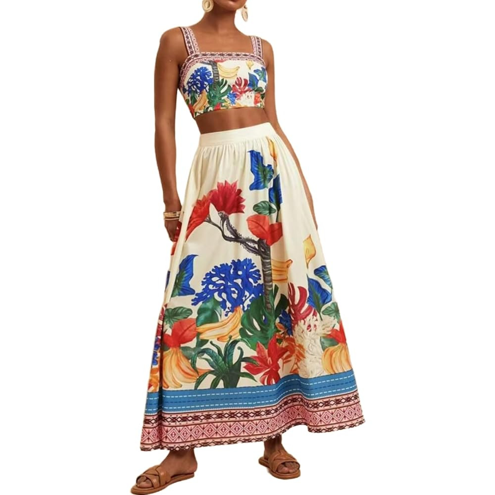 Womens Printed Skirt Outfits Floral Halter Crop Top A Line Maxi Skirt Casual Going Out Sets | Amazon (US)