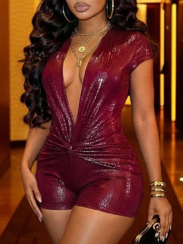 Slaydiva Spring/Summer New Casual Street Style Sexy Slim Fit Burgundy Textured PU Deep V Sleeveless Shorts Women Jumpsuit .Suitable For Valentine's Day, Dates, Party, Gatherings, Holidays, Concerts, Sexy Clubs, Nightclubs, Everyday Outings, New Year's, Revelry, Brunch Outfits, Hot Girl, Vacation.Wedding Guest Outfits, Wedding Season | SHEIN
