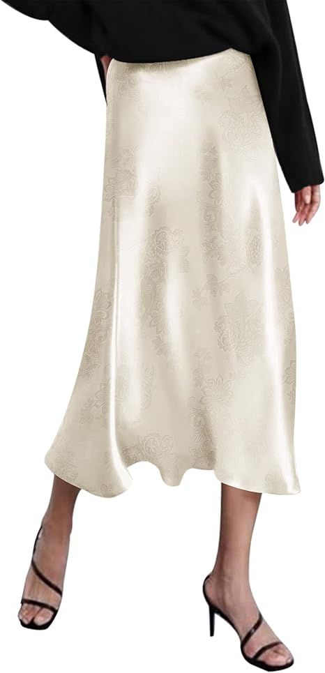 Zeagoo Womens Midi Skirt High Waisted Solid Satin Dress Zipper Elegant Work Skirts | Amazon (US)