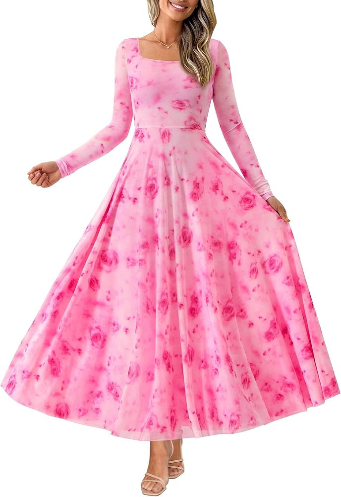 BTFBM Women Maxi Dress Fall 2025 Fashion Elegant Long Sleeve Square Neck Floral Print Party Club ... | Amazon (US)
