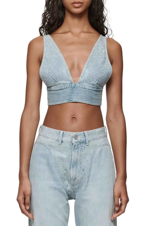 PURPLE BRAND Hotfix Studded Denim Crop Top in Light Indigo at Nordstrom, Size X-Large | Nordstrom