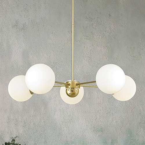 Qbaylan 5 Light Satin Brass Gold Modern Globe Sputnik Ceiling Pendant Light Chandeliers, Mid Cent... | Amazon (US)