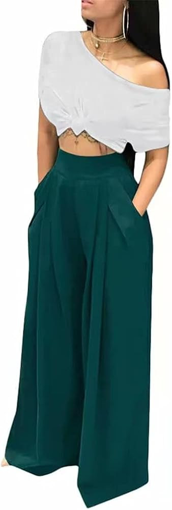 LROSEY Women's Stretchy Solid Color High Waisted Wide Leg Palazzo Pants with Pockets | Amazon (US)