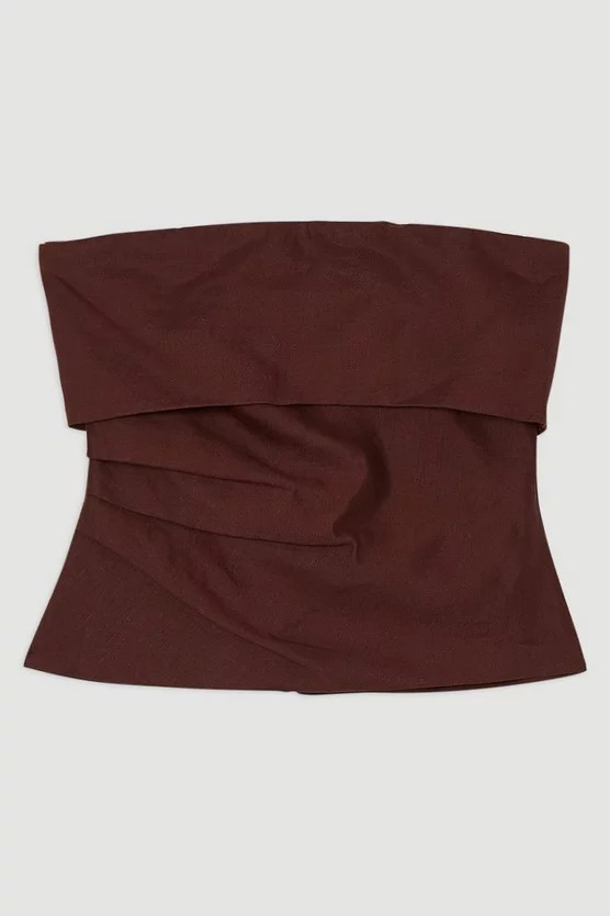 Linen Viscose Woven Bandeau Top With Ruched Side Detail | Karen Millen UK + IE + DE + NL