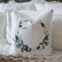 Christmas pillow cover, Christmas decor, Merry Christmas pillow, pinecone wreath, 18x18, pinecone decor | Etsy (US)