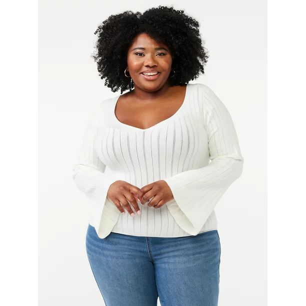 Sofia Jeans by Sofia Vergara Women's Plus Size Sheer Sweetheart Neck Sweater with Notched Stripes | Walmart (US)