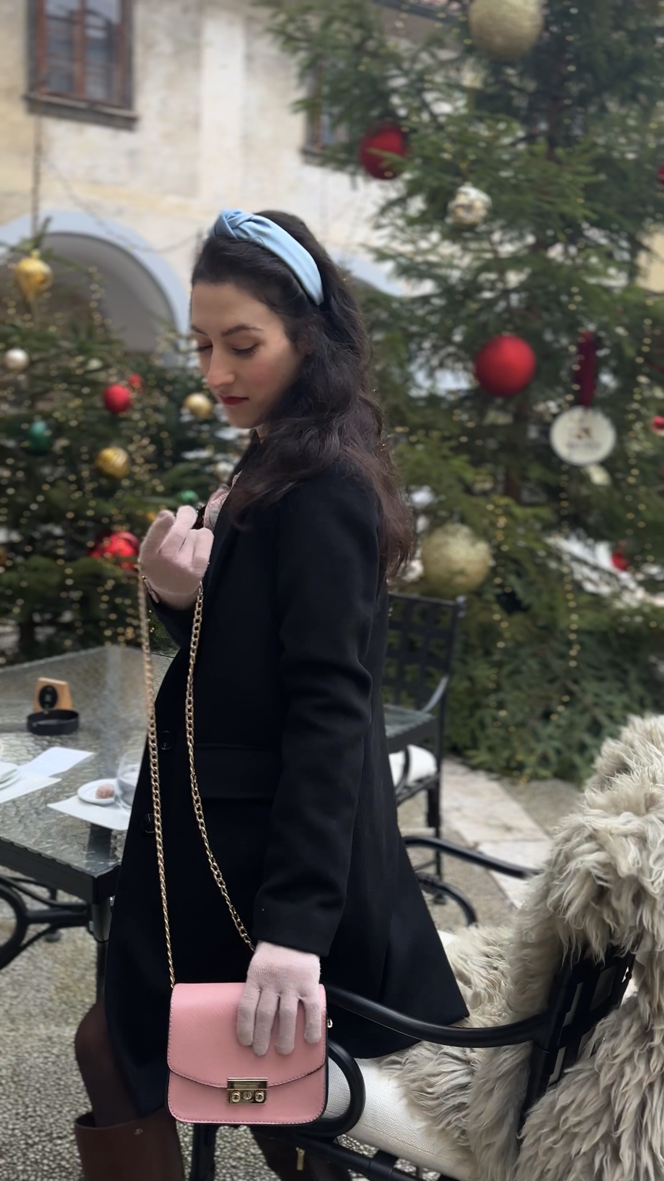 icy blue headband, casual Christmas outfits, classy Christmas outfit, Christmas outfits for women, holiday outfits Christmas, Christmas date outfit, pink crossbody bag, blue satin headband, pink gloves winter, black coat styling, festive date look, Christmas tree backdrop, elegant winter accessories, holiday date ideas, romantic Christmas outfit, sophisticated winter style, pastel winter accessories, European Christmas market, feminine holiday look, winter accessory styling, Christmas outing outfit, elegant cold weather fashion, holiday romance aesthetic, festive date night, chic winter layering 

 #LTKHoliday #LTKootd #LTKmorningroutine