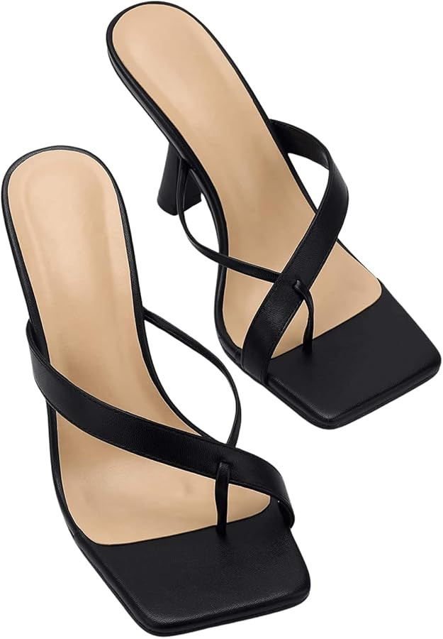 OYOANGLE Women's Square Toe Heeled Sandals Toe Ring Cross Strap Flip Flop Elegant High Stiletto H... | Amazon (US)