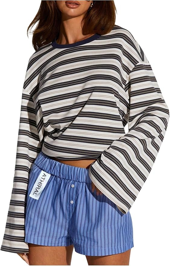 MakeMeChic Women's Striped T Shirt Crew Neck Long Sleeve Basic Going Out Tops | Amazon (US)