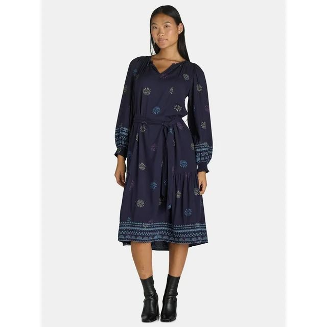 The Pioneer Woman Embroidered Smocked Sleeve Printed Midi Dress, Women's | Walmart (US)