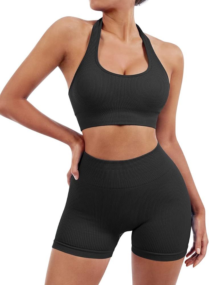 SUUKSESS Women Seamless Ribbed Workout Set Backless Sports Bra Booty Biker Short | Amazon (US)