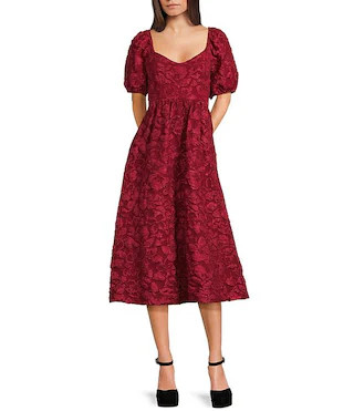 Floral Jacquard Puff Sleeve Midi Dress | Dillard's