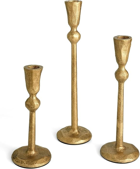 Antique Brass Taper Candle Holders Set of 3, Elegant Rustic Heavy Cast Iron Candlestick Holder, 3... | Amazon (US)