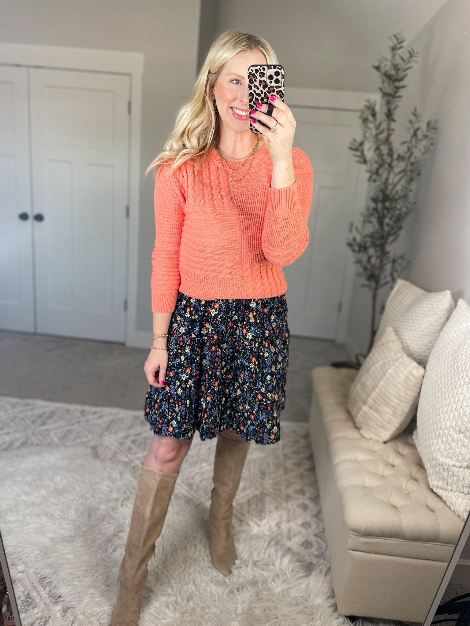 Daily try on, Walmart outfit, time and tru, coral sweater, floral dress, Walmart fashion 

#LTKstyletip #LTKunder50 #LTKSeasonal