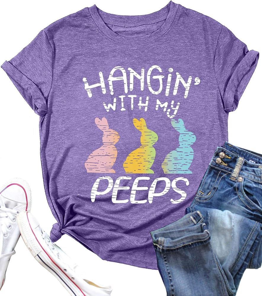 Happy Easter Shirts for Women - Hanging with My Peeps Shirt Cute Bunny Graphic Tees Easter Tshirt... | Amazon (US)