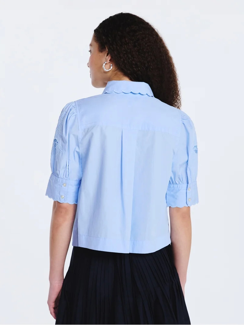 Free Assembly Women's and Women's Plus Cotton Eyelet Button Front Shirt with Short Sleeves, Sizes... | Walmart (US)