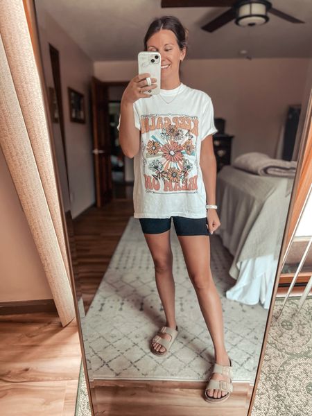 Wearing a size small in the tee and bikers. I am unable to find these Birkenstock sandals to link, so I linked my other pair that is similar 

#LTKStyleTip #LTKFindsUnder100 #LTKFindsUnder50