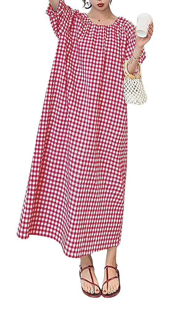 chouyatou Women's Casual Gingham Loose-Fit Swing Dress Cotton Lantern Puff Sleeve Plaid Midi Long... | Amazon (US)
