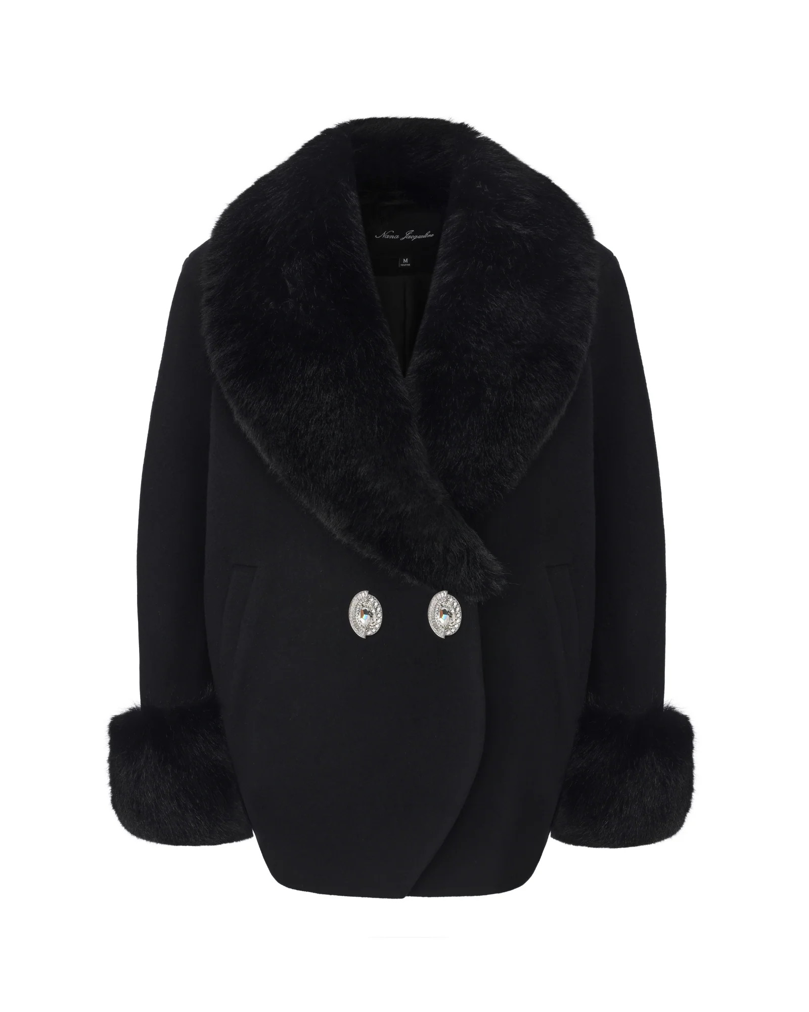 Althea Faux Fur Collar Cocoon Coat (Black) | Designer Women’s Fur Coat | Nana Jacqueline