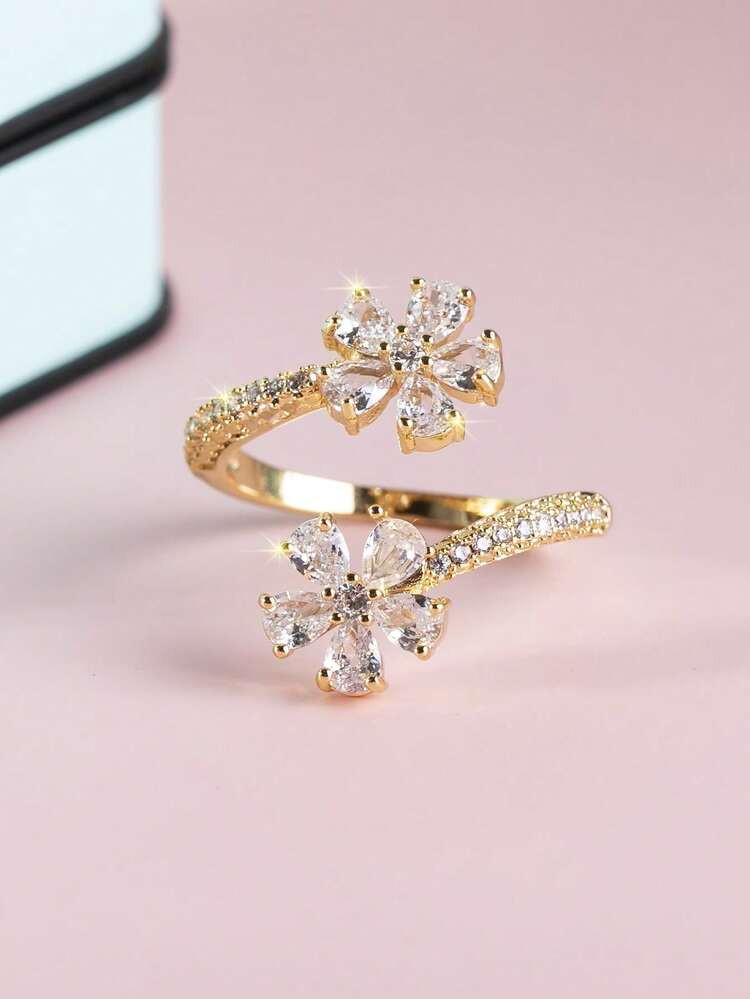 Cubic Zirconia Flower Decor Cuff Ring | SHEIN