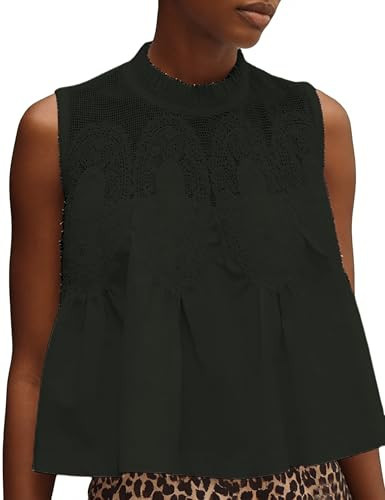 Women's Cotton Lace Flared Tank Sleeveless Crew Neck Babydoll Top Peplum Shirt with Intricate Mes... | Amazon (US)