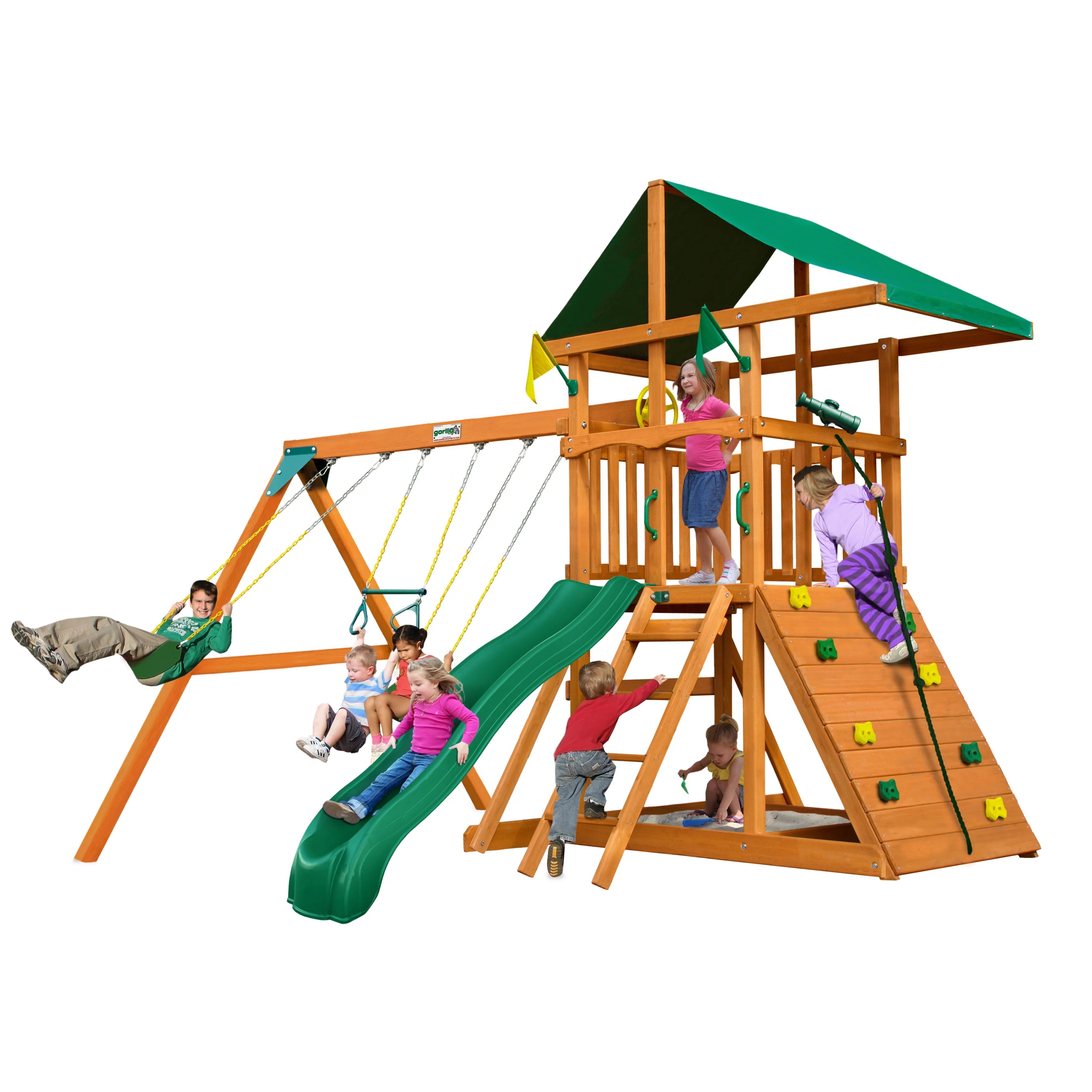 Gorilla Playsets Avalon Swing Set with Oversized Tarp Roof, Rock Wall and Slide, Amber | Walmart (US)