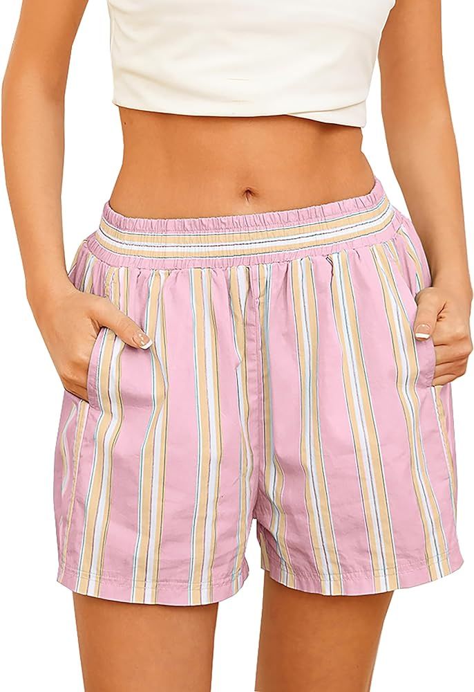 MISSACTIVER Women Striped Boxer Shorts Elastic High Rise Pajama Bottoms Casual Lounge Shorts with... | Amazon (US)