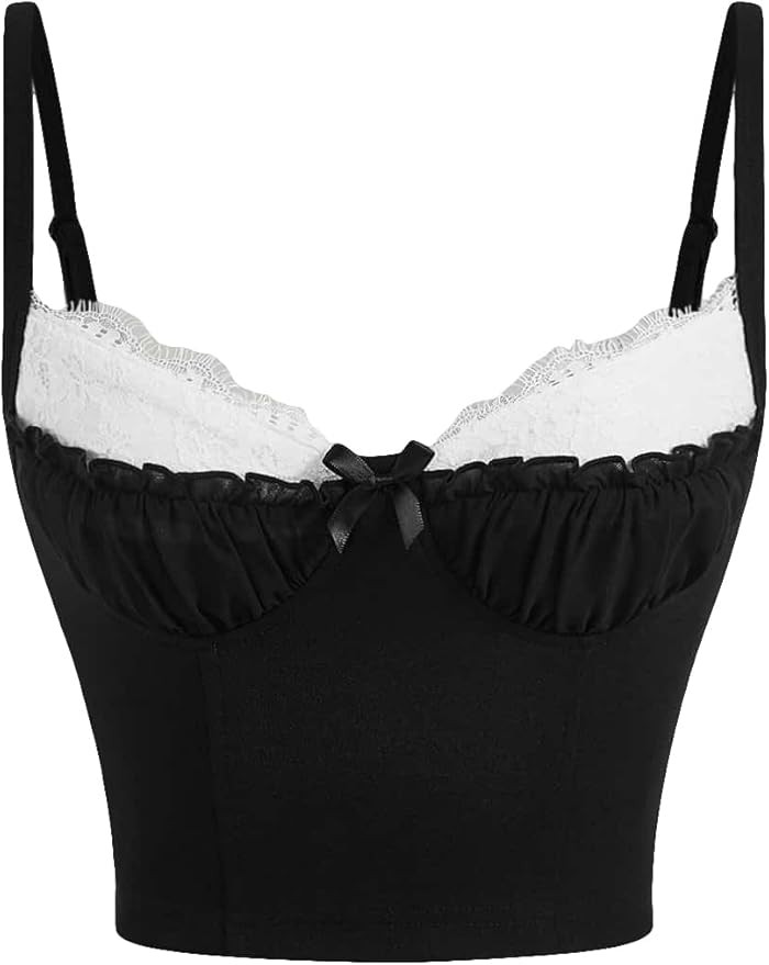SOLY HUX Women's Contrast Lace Ruched Bust Cami Crop Top Y2k Slim Fit Tops | Amazon (US)