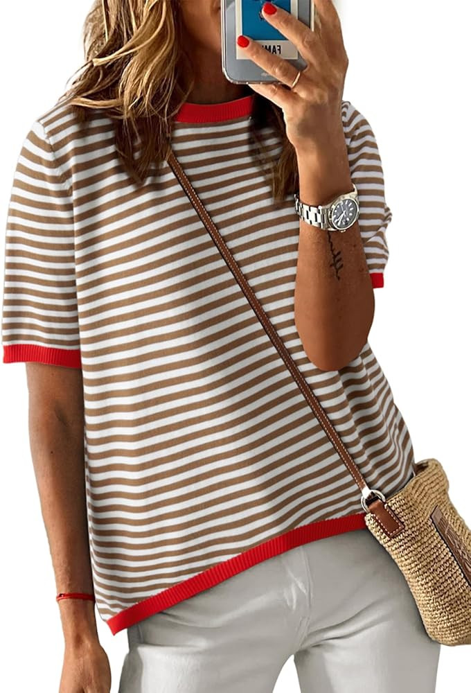 Dokotoo Womens Sweaters Casual Crewneck Short Sleeve Striped Color Block Knitted High Low Trendy ... | Amazon (US)