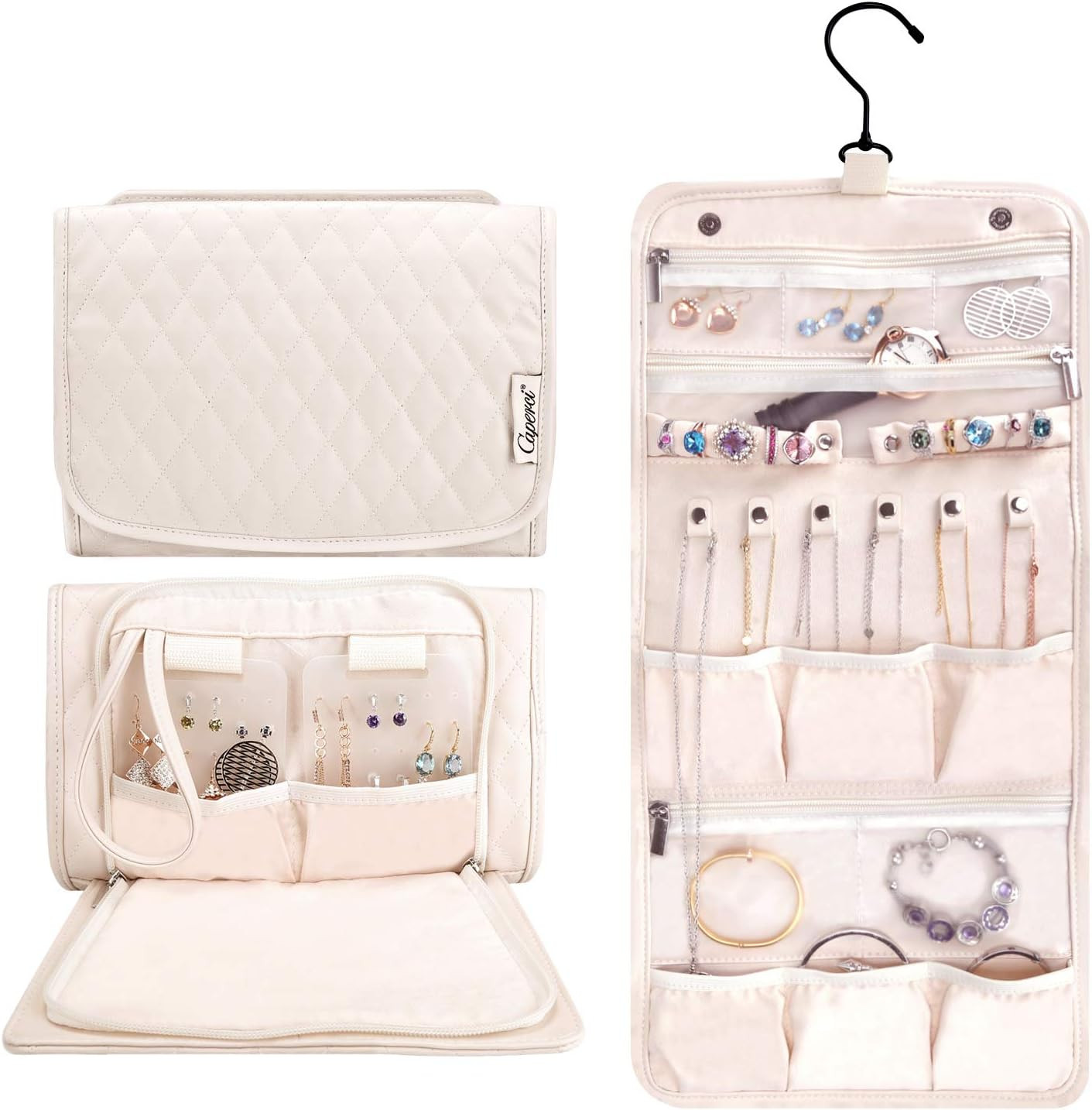 Caperci Hanging Travel Jewelry Organizer Case Beige Leather Foldable Jewelry Roll for Storage Tra... | Amazon (US)