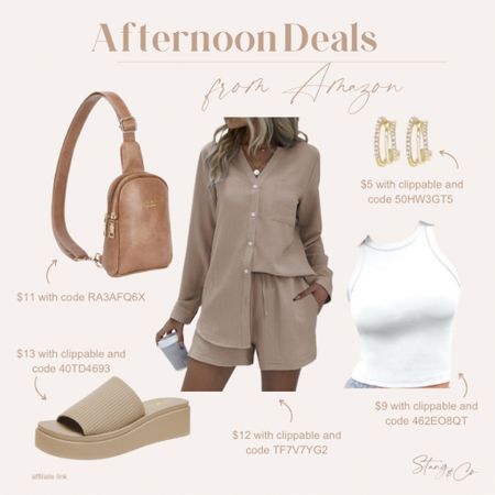 Afternoon deals from Amazon include this two piece blouse and shorts set (only $12!), a tank, huggie gold hoop earrings, a sling bag, and slide platform sandals. Be sure to clip the coupons and use the codes on this image  

Ootd, spring outfit, summer outfit, resort wear, vacation outfit, Amazon fashion 

#LTKstyletip #LTKfindsunder50 #LTKsalealert