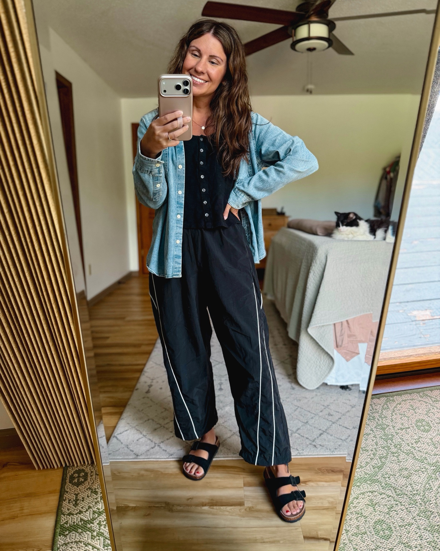 xs in my tee (100% cotton!) and small in my denim shirt (also 100% cotton!) My track pants are size small. My sandals are size 6.

#LTKSeasonal #LTKPetite #LTKootd