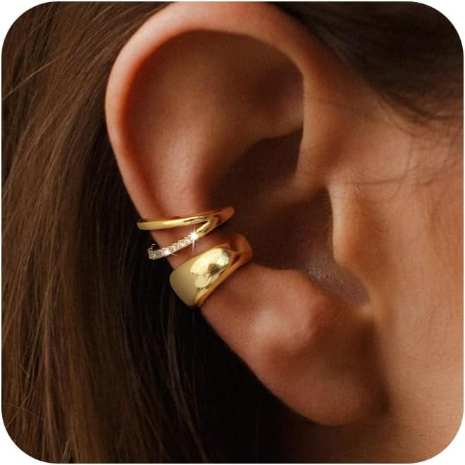 Dainty Small Ear Cuff for Women - Trendy 14K Gold Plated CZ Non Piercing Cartilage Earring Set Je... | Amazon (US)
