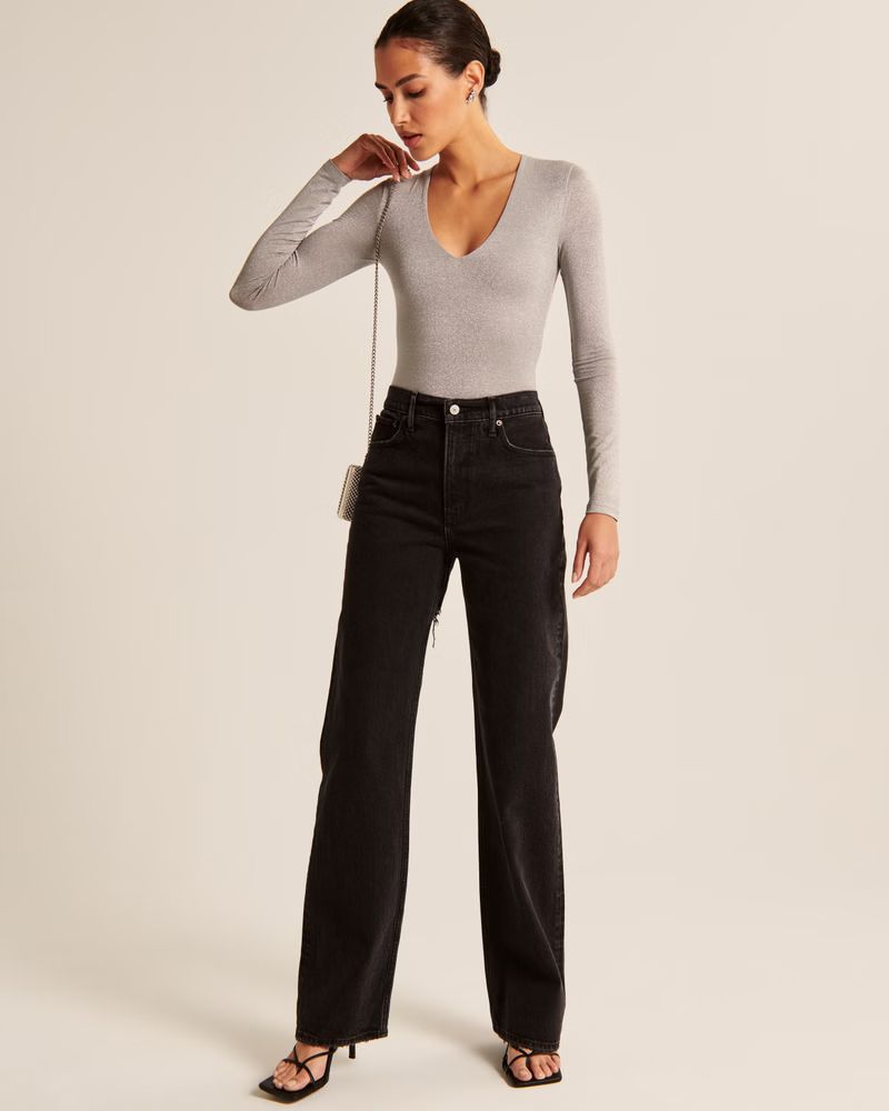 Women's Long-Sleeve Sparkle V-Neck Bodysuit | Women's Tops | Abercrombie.com | Abercrombie & Fitch (US)