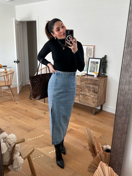 Loving the denim skirt trend. Similar pieces linked 