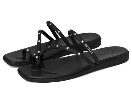 Crocs Women's Miami Toe Loop Sandal Black Studs 9 Medium | Amazon (US)