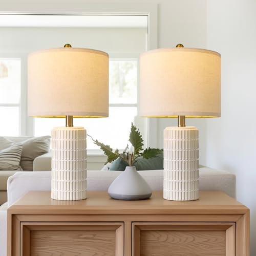 PoKat 20" Small Modern Ceramic Table Lamps Set of 2 for Bedroom, White Bedside Lamps for Night Stands, Farmhouse Decor Nightstand Table Lamps for Living Room End Table Beige | Amazon (US)