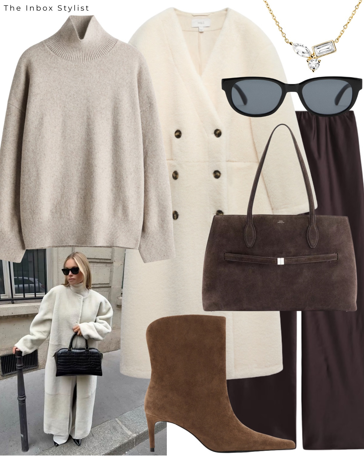 Stay cosy with a mix of textures  

Including white Borg coat, funnel neck jumper, brown satin trousers, brown suede heeled boots, brown suede handbag, diamond pendant necklace, black sunglasses. 

#LTKuk #LTKstyletip #LTKwinter