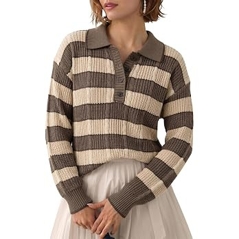 Dokotoo Sweaters for Women Button Polo Lapel Collar Cable Knit Sweater Tops | Amazon (US)