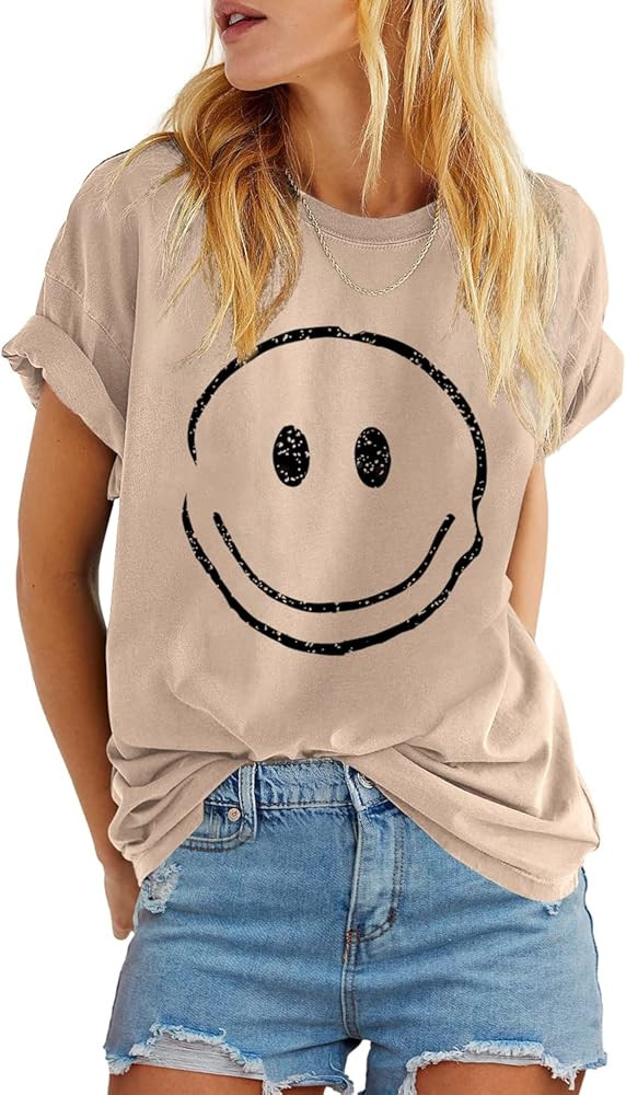 ReachMe Womens Summer Cute Smile Face Graphic T-Shirts Trendy Vintage Casual Loose Short Sleeve T... | Amazon (US)