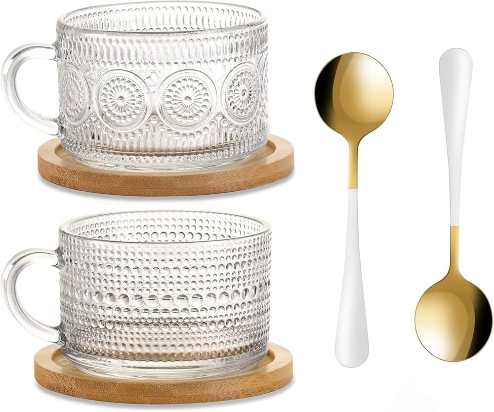 Amzcku Vintage Coffee Tea Cups, Glass Mugs with Spoon and Coasters 14 Oz Set of 2 Embossed Glassw... | Amazon (US)