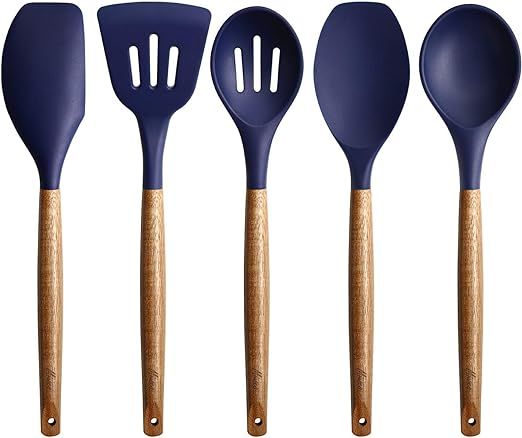 Miusco Non-Stick Silicone Kitchen Utensils Set with Natural Acacia Hard Wood Handle, 5 Piece, Mid... | Amazon (US)