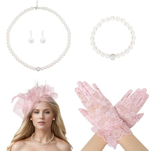 Heliltd 5Pcs Pink Fascinators for Women Tea Party Fascinator Hat for Women Feather Hat Lace Gloves Pearl Jewelry Set | Amazon (US)